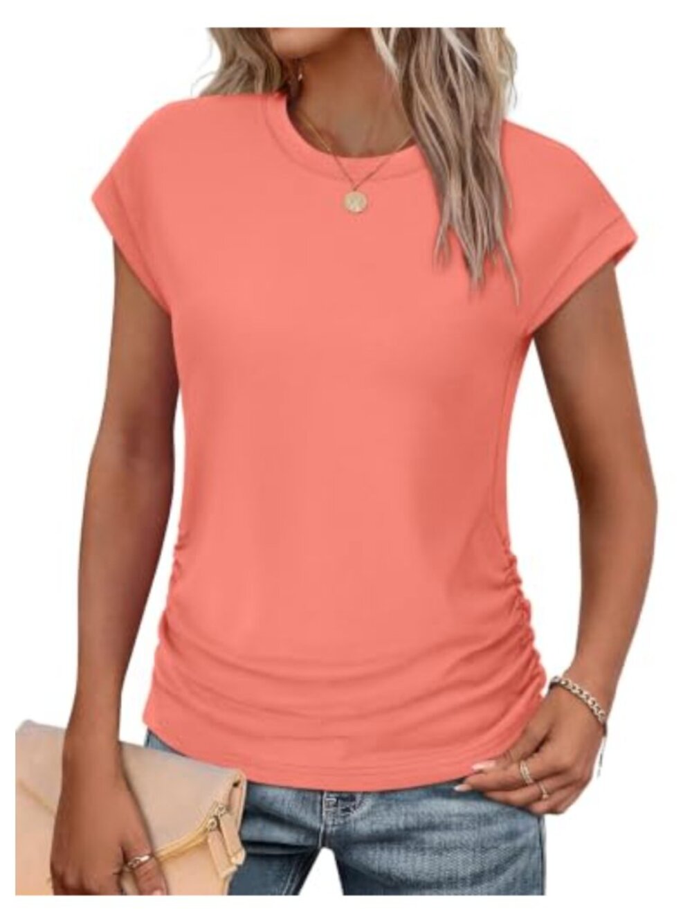 Womens Ruched Side Cap Sleeve T-Shirt Crew Neck Summer Top